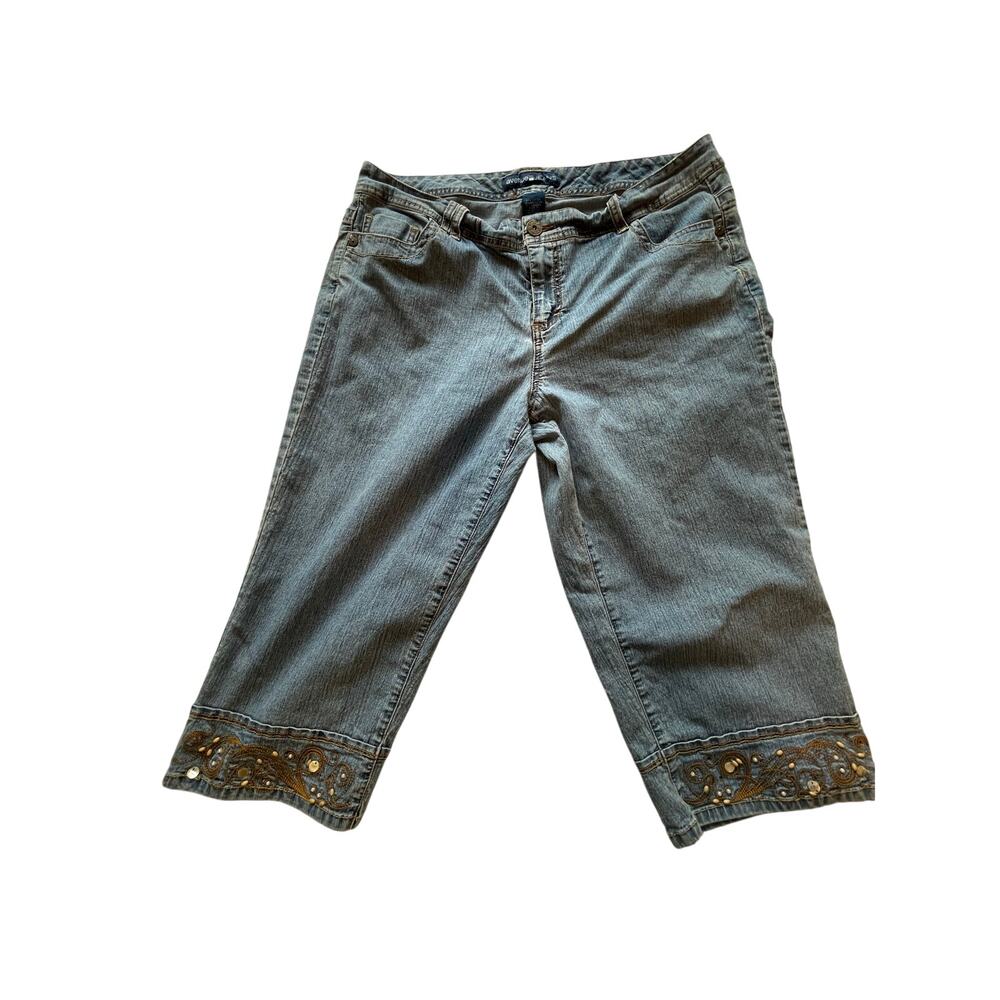 denim embroidered beaded capris